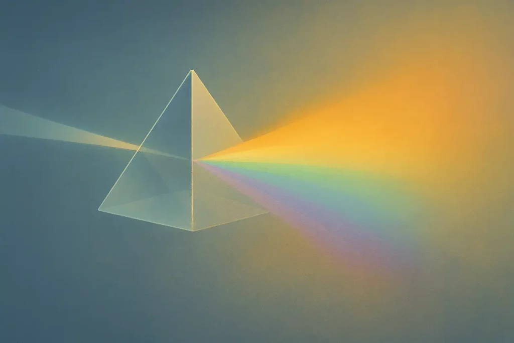 Illustration d’un prisme cristallin suspendu dans la lumière, décomposant un rayon blanc en un spectre coloré dans une atmosphère brumeuse et apaisante.