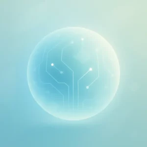 Illustration d’une sphère lumineuse représentant une intelligence artificielle, avec des motifs technologiques subtils dans des tons bleu-cyan.
