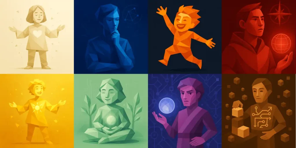 Illustration low-poly des 8 profils de motivations profondes, aux couleurs sobres, pour un test complet de motivation personnalité.