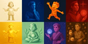 Illustration low-poly des 8 profils de motivations profondes, aux couleurs sobres, pour un test complet de motivation personnalité.