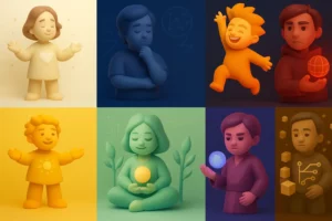 Illustration 3D stylisée des 8 profils motivationnels, en couleurs vives et formes douces, symbolisant un test de personnalité express.