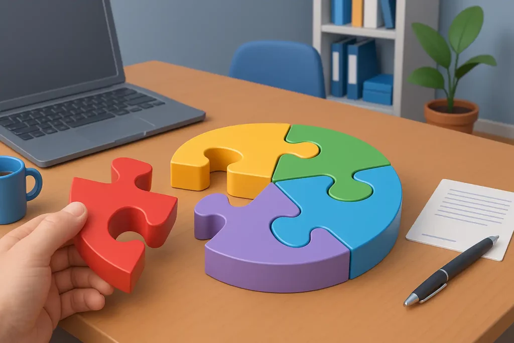 Puzzle circulaire en 3D avec cinq pièces colorées représentant les traits de personnalité Big Five sur un bureau de travail