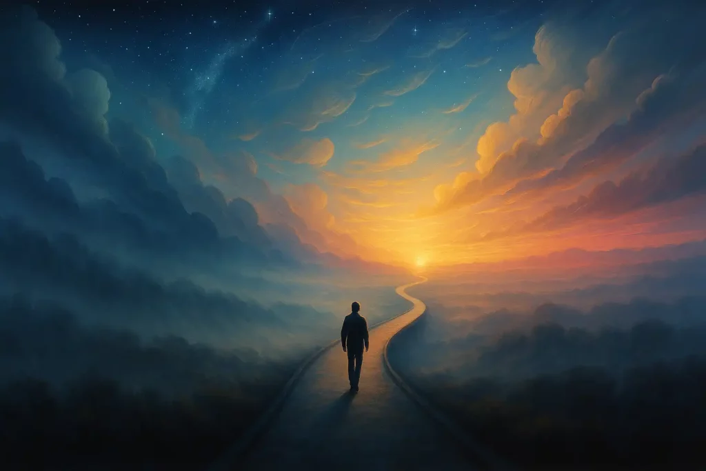 Illustration d’un chemin émergeant d’un paysage brumeux vers une lumière douce, symbole de clarté intérieure.