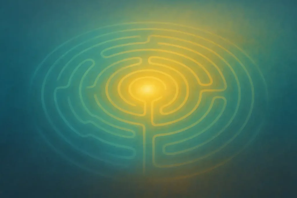 Le labyrinthe de lumière Vue d’un labyrinthe circulaire composé de chemins lumineux bleus, verts et dorés, convergeant vers un centre éclatant.