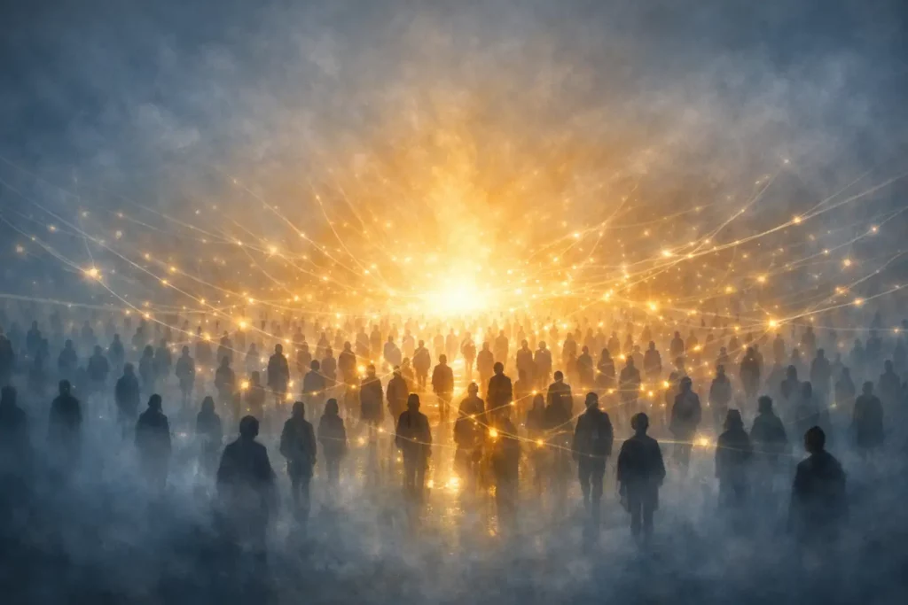 Silhouettes humaines reliées par des filaments de lumière, formant une intelligence collective émergente dans une atmosphère calme et lumineuse.