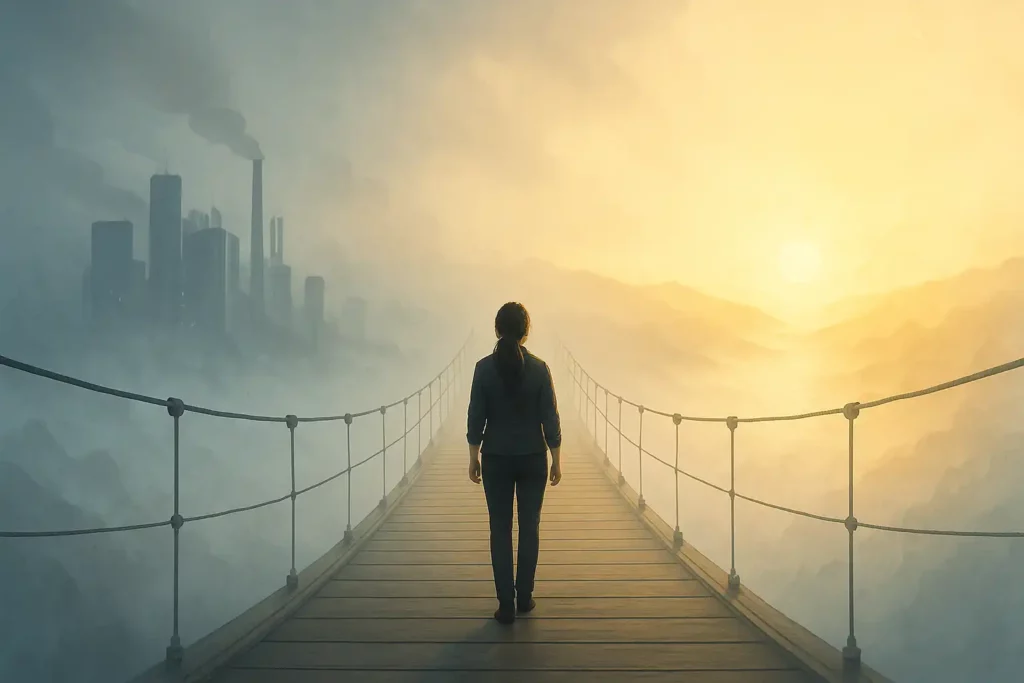 Illustration symbolique d’une femme sur un pont brumeux entre une ville grise et un horizon doré, représentant la transformation intérieure après une perte de sens dans la vie professionnelle.
