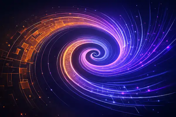 Illustration d’une spirale passant du orange structuré au oranea fluide pour représenter la transition vers une société fondée sur la cognition collective.