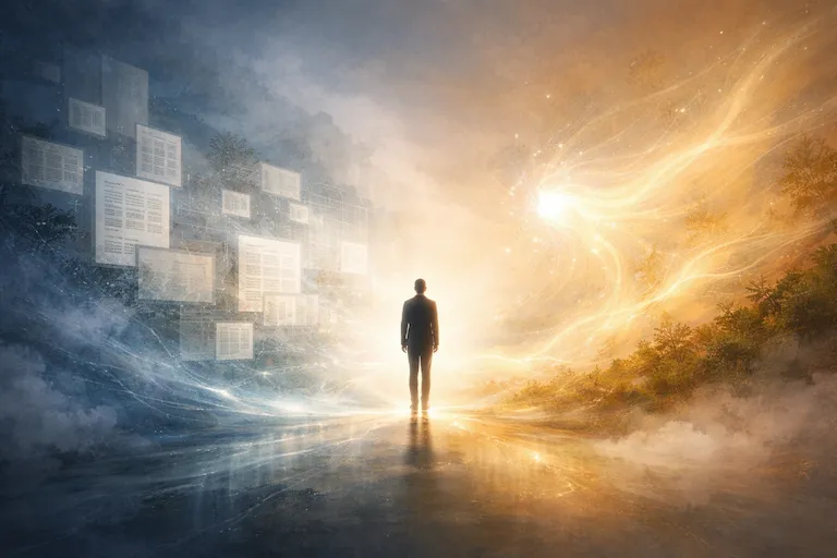 Illustration symbolique montrant le passage d’une évaluation de personnalité rigide vers une exploration de soi IA fluide et dialoguée grâce à l’intelligence artificielle.