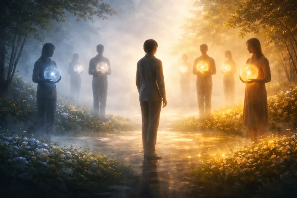 Silhouette observant plusieurs personnes tenant des sphères lumineuses dans un jardin brumeux, avec une transition de lumière froide vers une lumière dorée symbolisant la compréhension empathique.