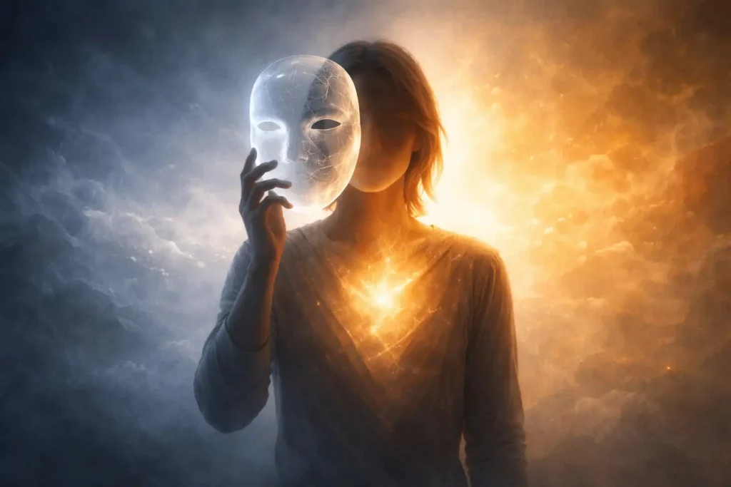 Silhouette humaine androgyne tenant un masque lumineux fissuré dans une atmosphère brumeuse, avec une lumière dorée émergeant du cœur symbolisant l’authenticité face à la pression sociale.