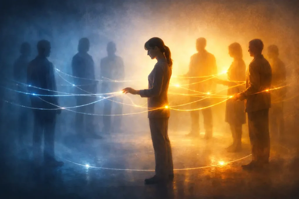 Une femme au centre d’un cercle de silhouettes reliées par des fils lumineux, transformant des tensions bleutées en lumière dorée symbolisant l’harmonisation des dynamiques de groupe.