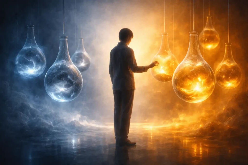 Silhouette humaine dans un espace symbolique, observant des sphères lumineuses représentant différentes émotions, passant de tons bleus froids à une lumière dorée apaisante.