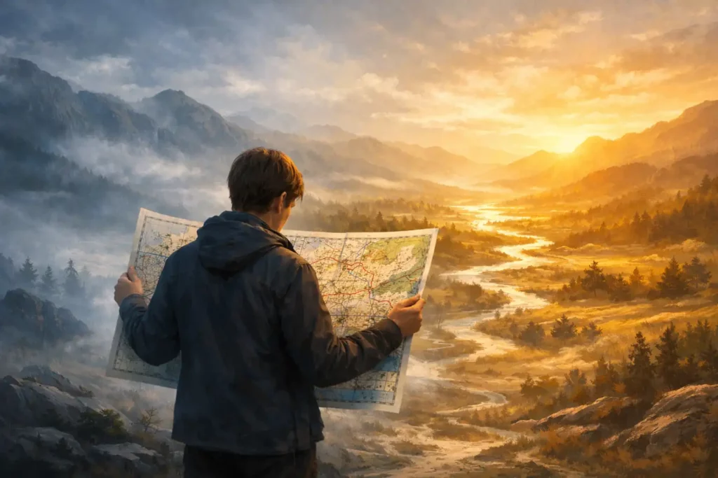 Une personne observe une carte détaillée tandis qu’un paysage vaste et lumineux s’étend devant elle, symbolisant l’écart entre les modèles et la réalité intérieur