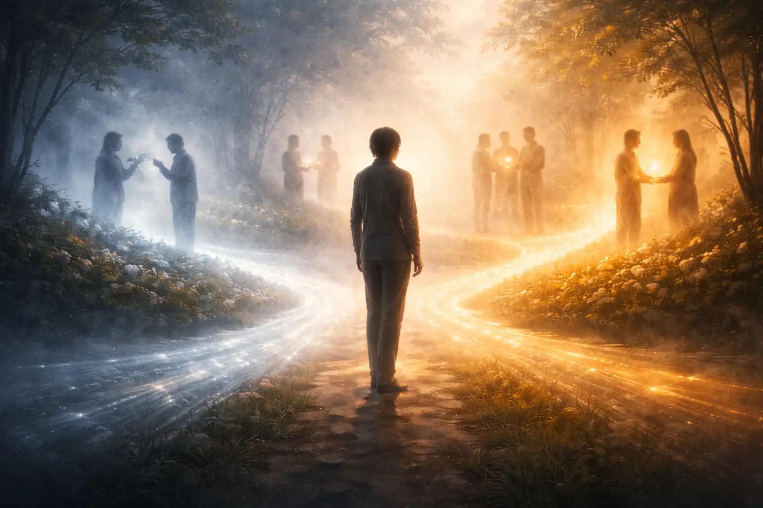 Silhouette à un carrefour lumineux avec plusieurs chemins montrant des interactions sociales, avec une transition de lumière froide vers dorée symbolisant le choix des réactions émotionnelles.